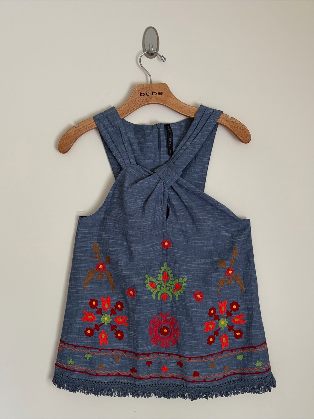 Banjara Embroidered Chambray Twist Front Boho Top Small